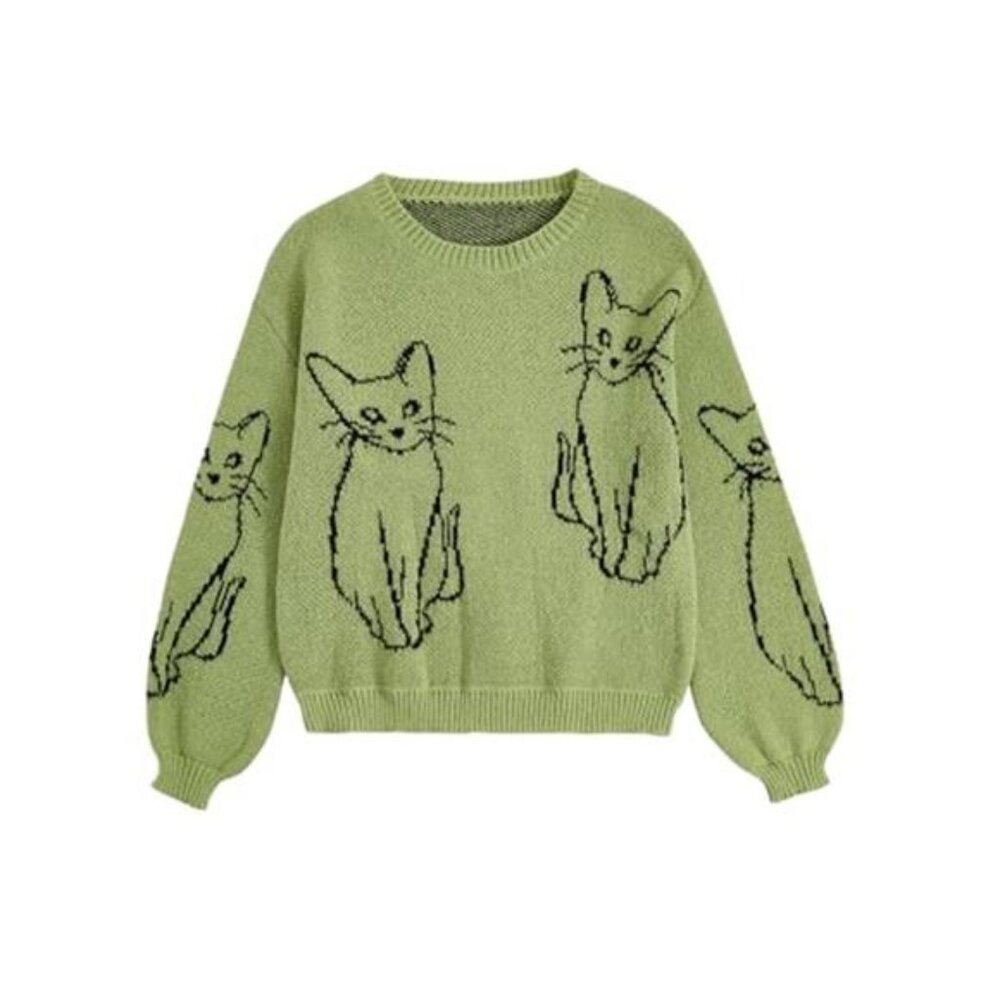 MEOW! ADORABLE Cat Print Black CATS Green Novelty Pullover Sweater NWT Size L